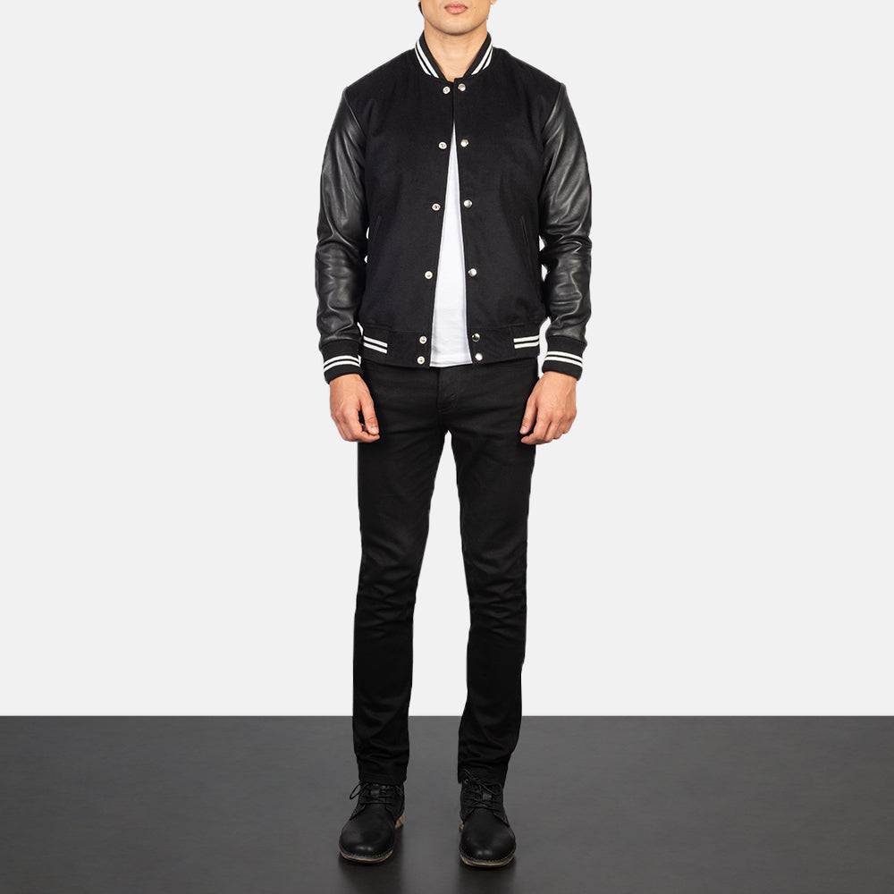 Men's Vaxton أسود Striped Hybrid Varsity جاكيت جلد رجالي - Lateral Side Profile View Showing Sleeve Cut &amp; Athletic Taper Fit