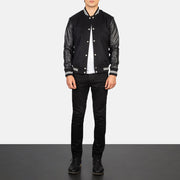 Men's Vaxton أسود Striped Hybrid Varsity جاكيت جلد رجالي - Lateral Side Profile View Showing Sleeve Cut &amp; Athletic Taper Fit