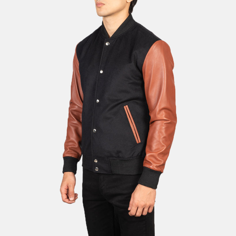 Vaxton بني & أسود Hybrid Varsity جاكيت جلد رجالي