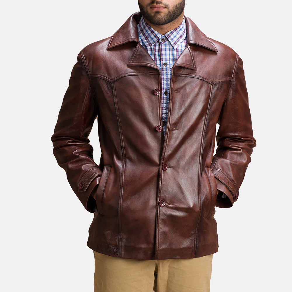 
Brown Sheepskin leather Coat - عرض خلفي يوضح تفصيل الأكتاف المتقن والحاشية النظيفة