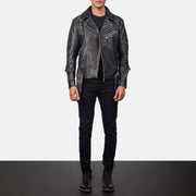 Men's Vincent Black Leather Biker Jacket - Lateral Side Profile View Showing Sleeve Cut &amp; Athletic Taper Fit