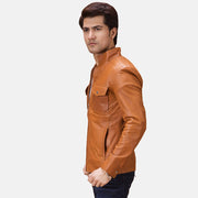 Tan Brown Sheepskin Leather Biker Jacket - Back View Showing Tailored Shoulder Fit &amp; Clean Hemline
