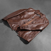 Buttoned &amp; Hem Craftsmanship Construction Detail on Waffle بني جاكيت جلد رجالي
