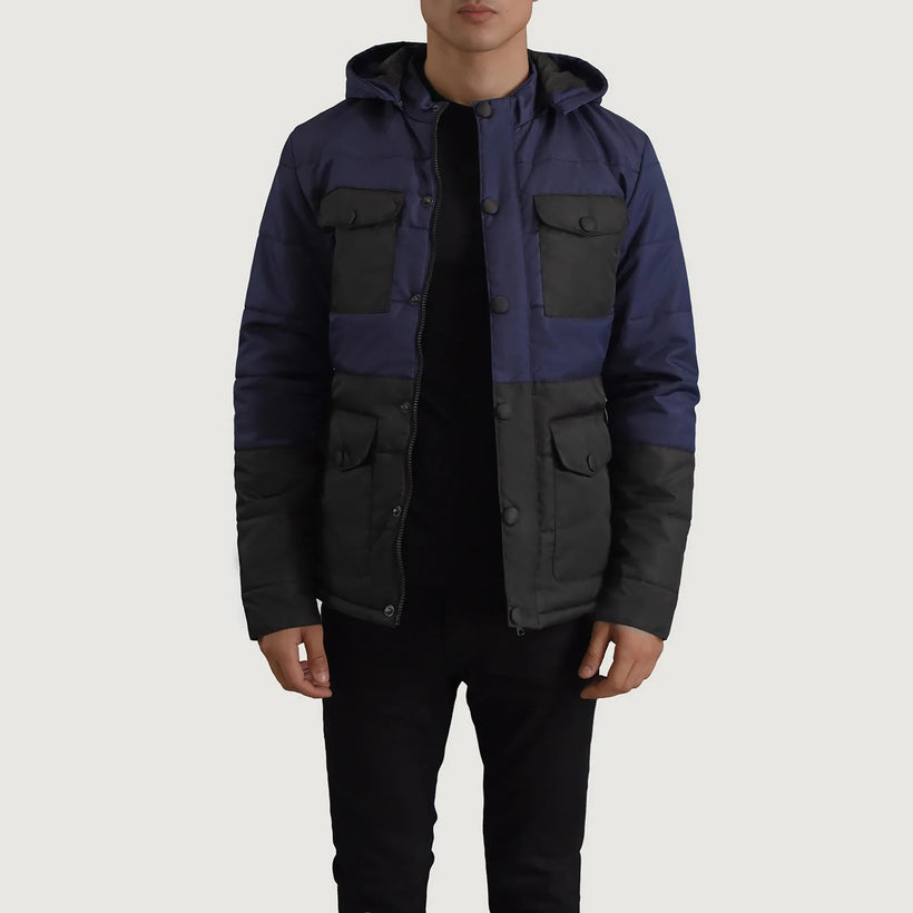Wayne أسود & أزرق Hooded Puffer جاكيت جلد رجالي