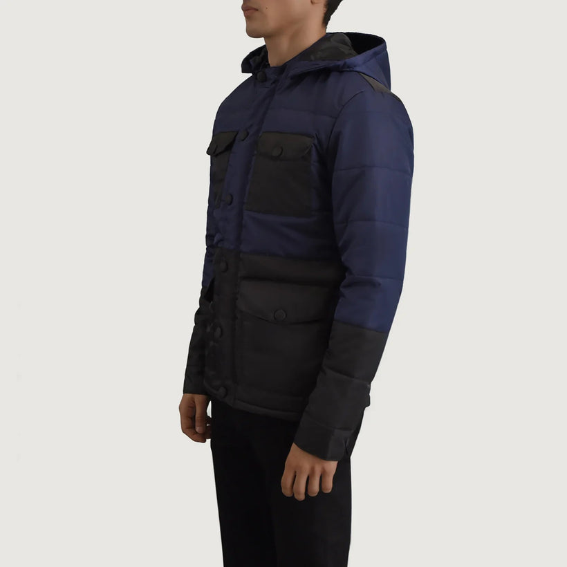 Wayne أسود & أزرق Hooded Puffer جاكيت جلد رجالي