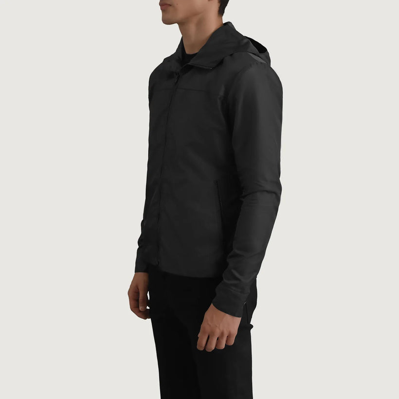 Wesley أسود Hooded Windbreaker جاكيت جلد رجالي
