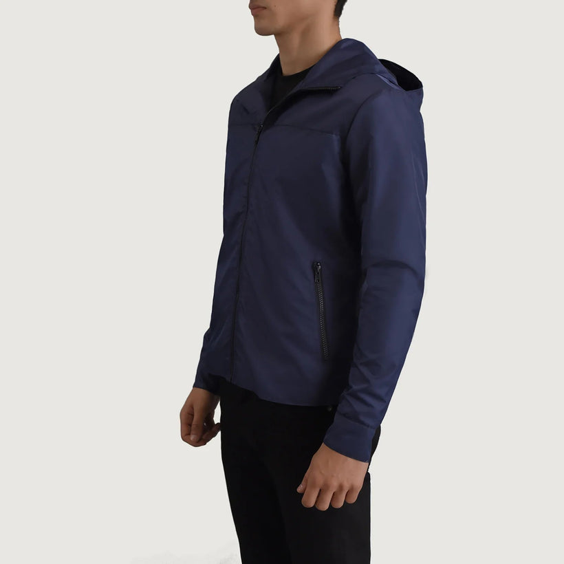 Wesley أزرق Hooded Windbreaker جاكيت جلد رجالي