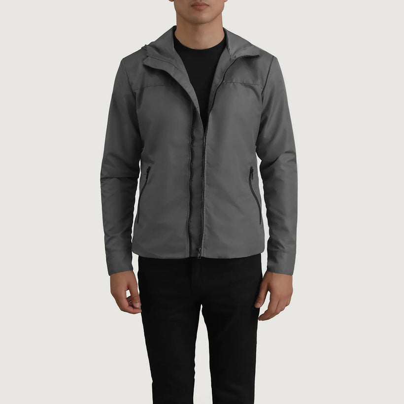Wesley Grey Hooded Windbreaker جاكيت جلد رجالي