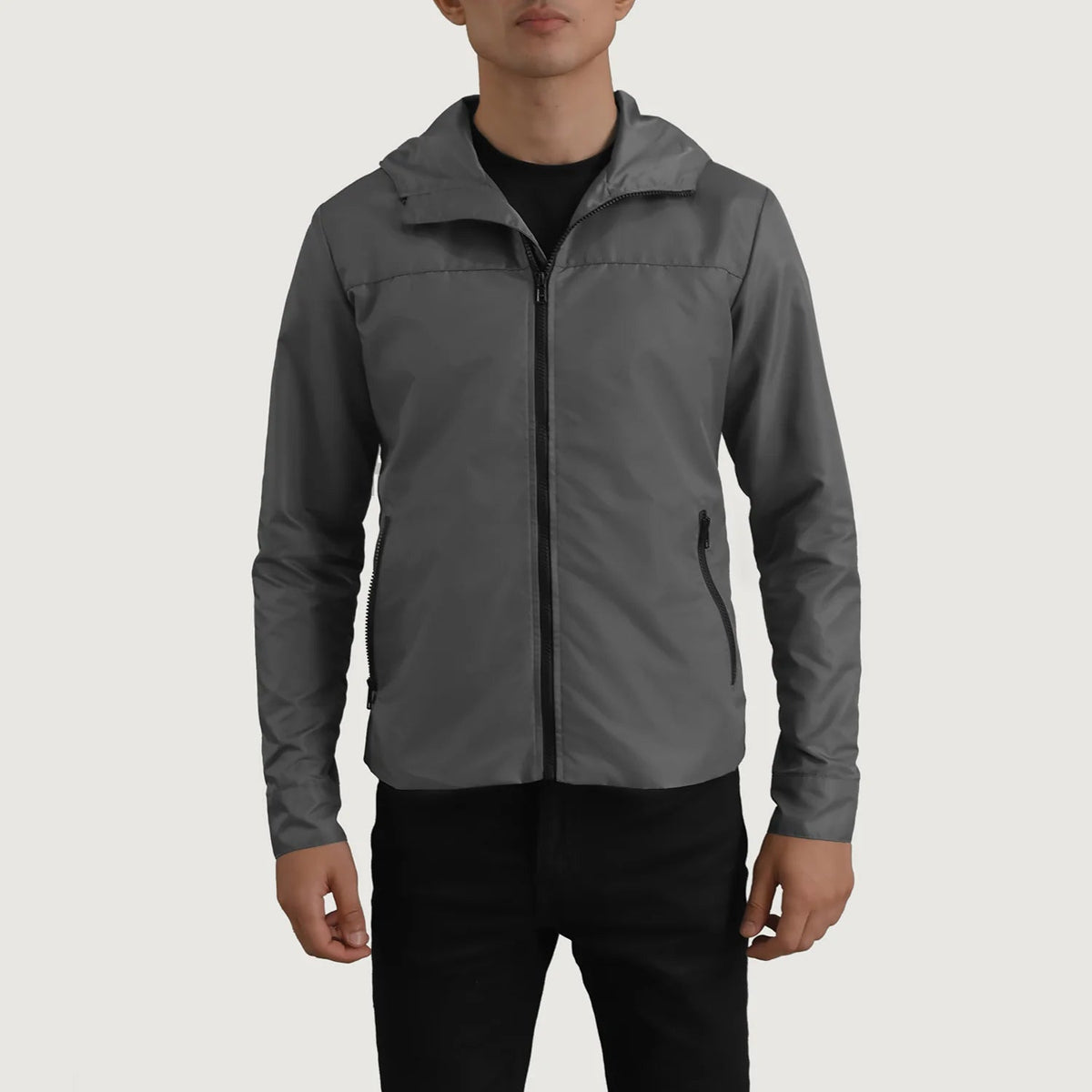 
تفاصيل مقربة of Classic Collar & Zipper With Inside Wind Flap. Hardware on Wesley Grey Hooded Windbreaker جاكيت جلد رجالي