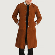 Wilde بني Suede Varsity معطف جلد رجالي in Tan Bown Goatskin Suede - Front Profile View &amp; Tailored Silhouette | Buy Online