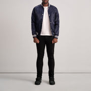 Close-Up Detail of Varsity &amp; Button Hardware on Xander أزرق Varsity جاكيت جلد رجالي