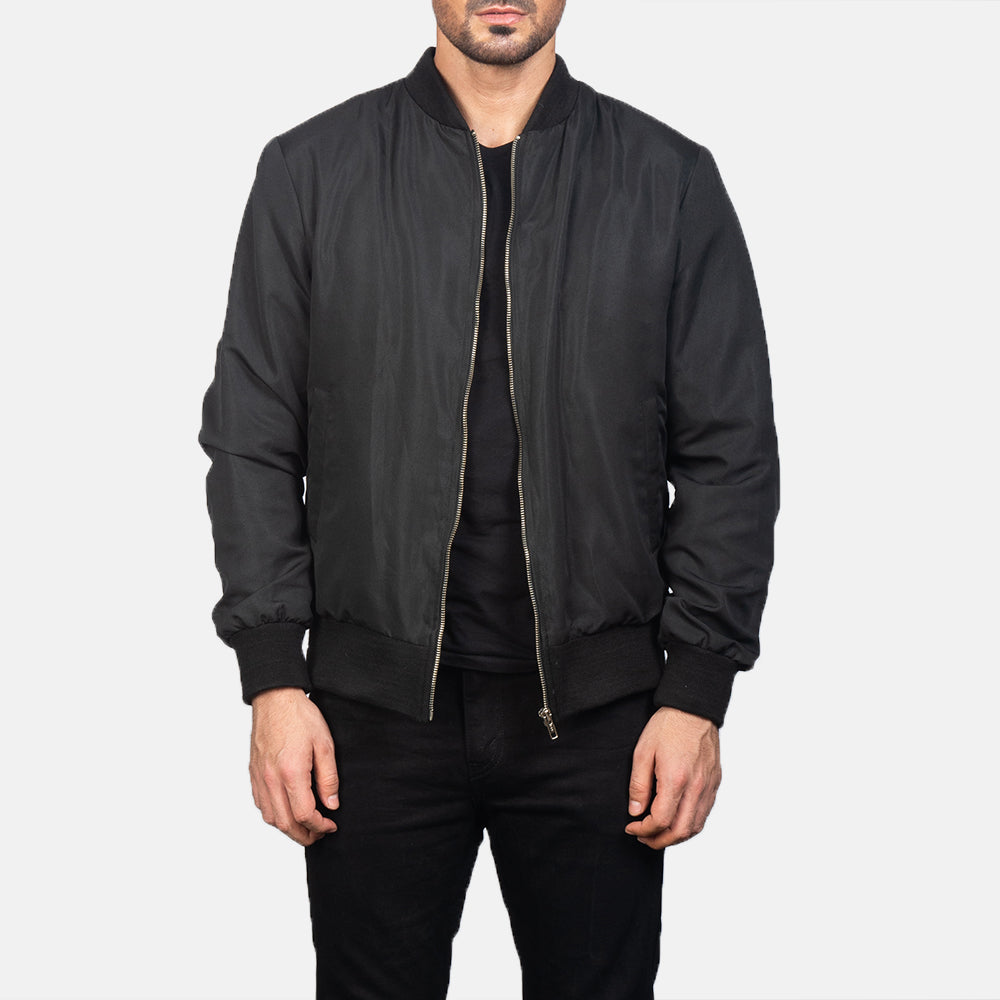 Men's Zack أسود جاكيت بومبر جلد رجالي in Black Polyester - Front Profile View &amp; Tailored Silhouette | Buy Online