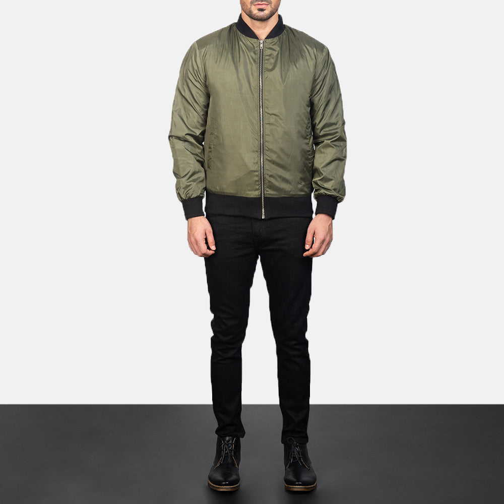 Men's Zack أخضر جاكيت بومبر جلد رجالي - Lateral Side Profile View Showing Sleeve Cut &amp; Athletic Taper Fit