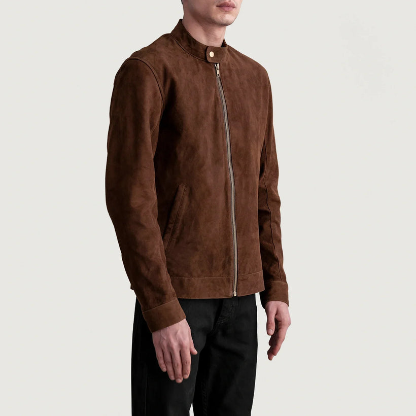Zen بني Suede جاكيت بايكر جلد طبيعي رجالي