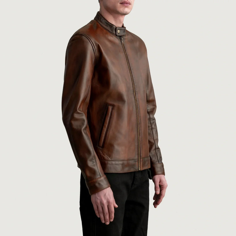 Zen Distressed بني جاكيت بايكر جلد طبيعي رجالي