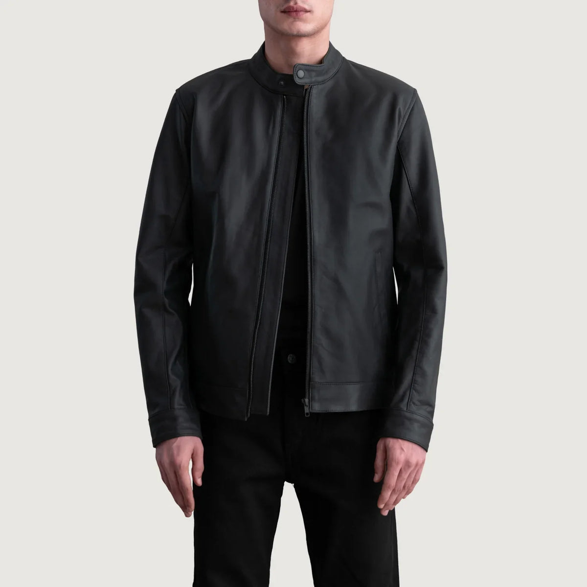 Zen Matte أسود جاكيت بايكر جلد رجالي in Matte Black Cowhide Leather - Front Profile View &amp; Tailored Silhouette | Buy Online