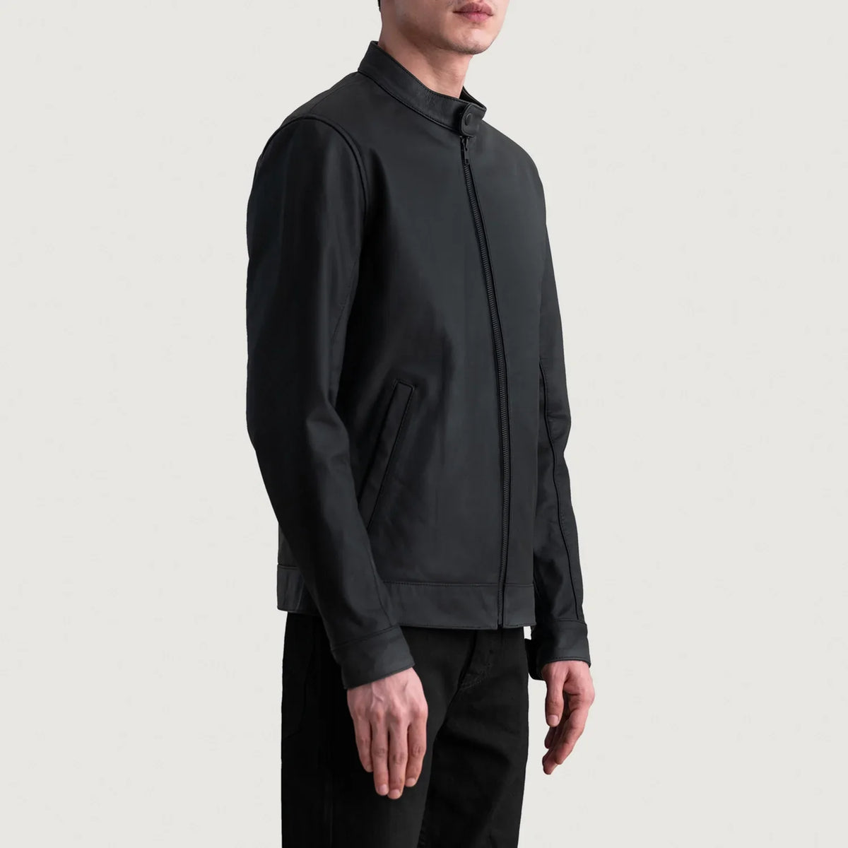 Matte Black Cowhide Leather Biker Jacket - Back View Showing Tailored Shoulder Fit &amp; Clean Hemline
