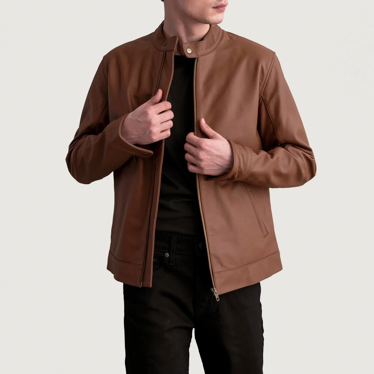Zen Matte بني جاكيت بايكر جلد رجالي in Matte Brown Cowhide Leather - Front Profile View &amp; Tailored Silhouette | Buy Online