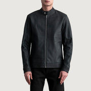 Zen Tumbled أسود جاكيت بايكر جلد رجالي in Tumbled Black Sheepskin Leather - Front Profile View &amp; Tailored Silhouette | Buy Online