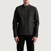Zen Tumbled بني جاكيت بايكر جلد رجالي - Lateral Side Profile View Showing Sleeve Cut &amp; Athletic Taper Fit