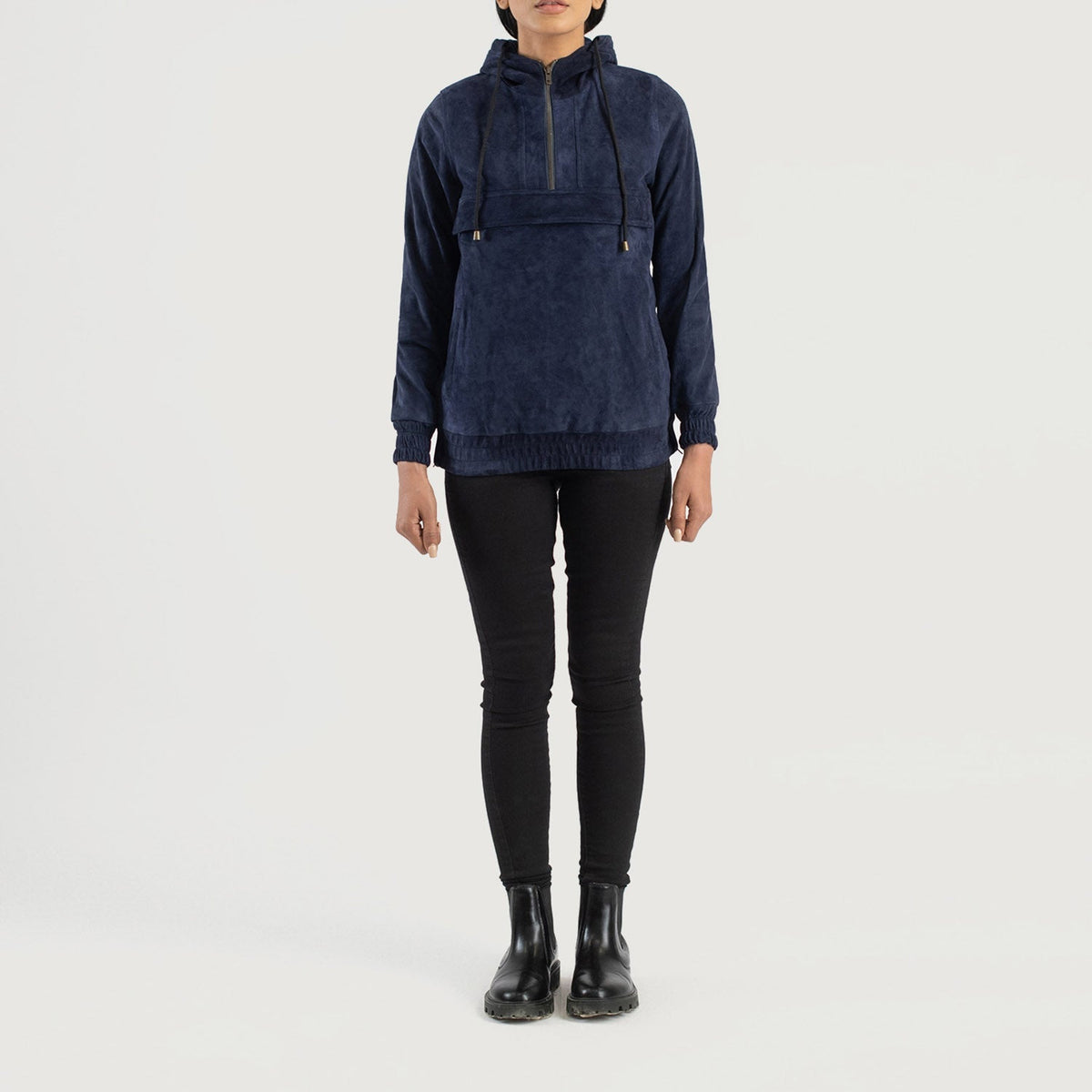 Zest Blue Hooded Suede Pullover Jacket - Lateral Side Profile View Showing Sleeve Cut & Athletic Taper Fit